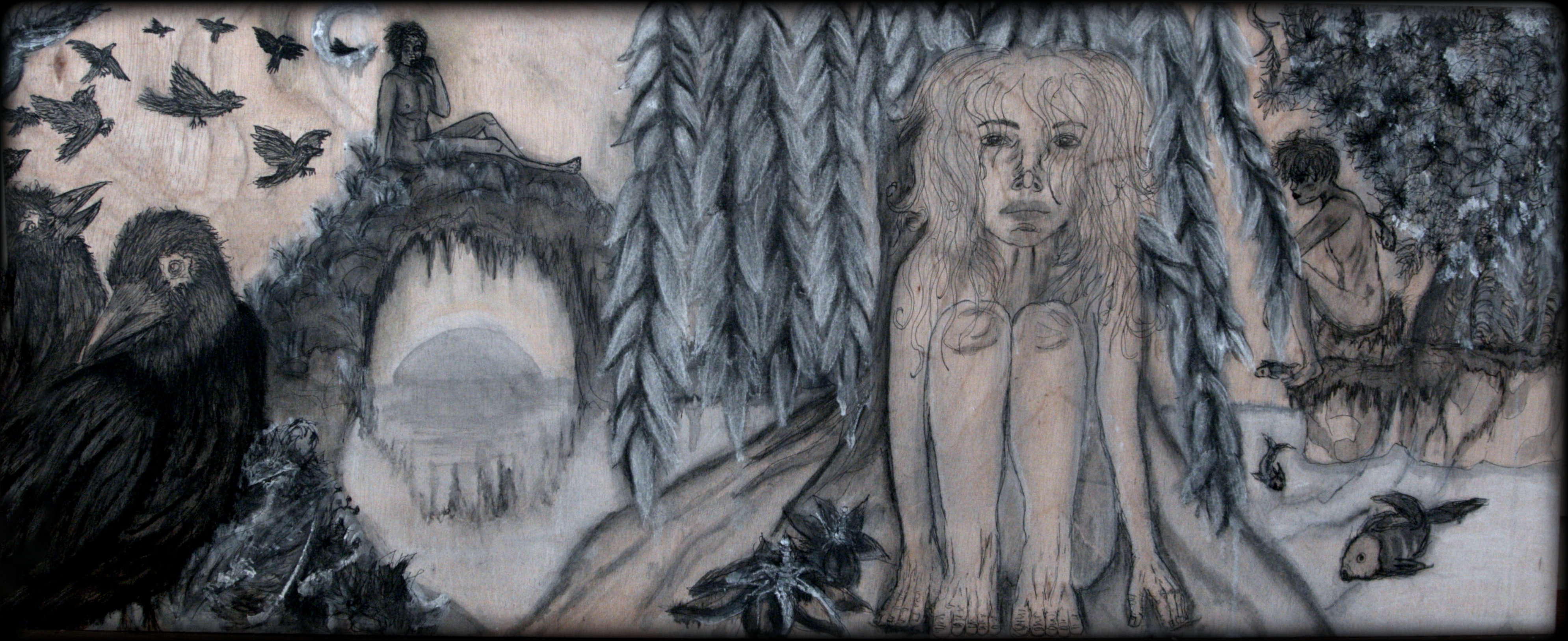 Ink & Chalk & Watercolours On Wood